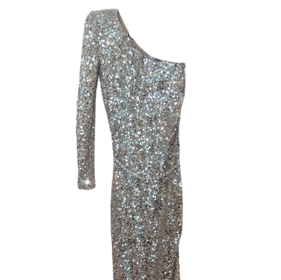 Nadine Merabi Adriana Silver Sequin One Shoulder Maxi Dress Crystal Belt Size XS - Picture 4 of 17